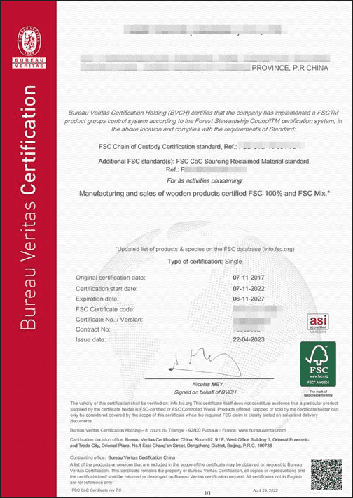 Certifications 1 FSC Chain of Custody Certification for broomstick manufacturers