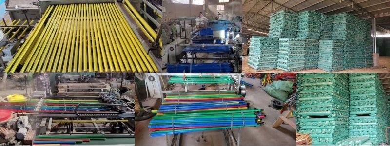About Us 5 Professional broomstick manufacturers showcase colorful wooden broomstick production lines and bulk packaged finished products