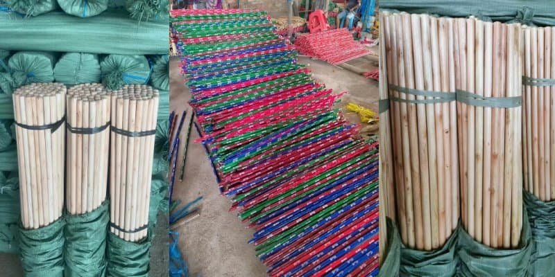 How Wooden Broom Handles Are Made: Raw Wood to Finished Goods 5 wooden broom handle production – finished wooden broom sticks with customized PVC coating, natural finish, and bulk packaging for wholesale and export
