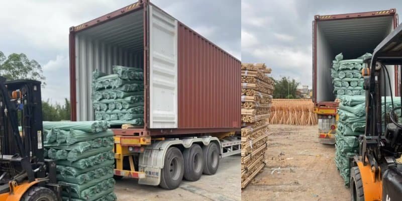 How Wooden Broom Handles Are Made: Raw Wood to Finished Goods 7 wooden broom handle production – forklift loading packaged wooden broom sticks into 40HQ container for wholesale export shipment