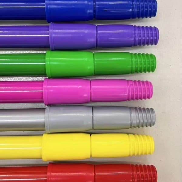 Multi-color telescopic broom handle manufacturer offering various colored adjustable poles with threaded ends for custom cleaning tool branding