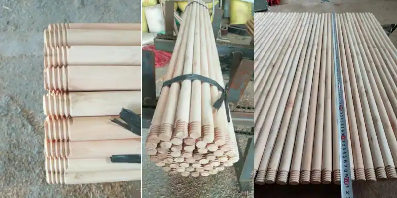 Broom Handle & Broom Stick Diameter: Common Size Guide 4 Wooden broom sticks with standard broom stick diameter specifications, showing threaded ends and bulk production for wholesale orders