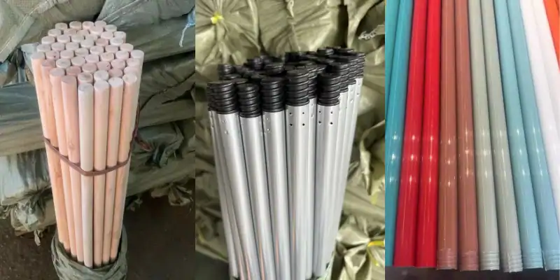Broom Handle & Broom Stick Diameter: Common Size Guide 5 Various types of broom handles with different broom handle diameter options, including wooden, metal, and coated plastic handles for wholesale
