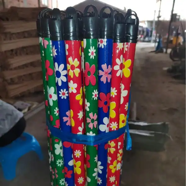 China factory bulk supply multi-color flower coated wooden mop sticks for mop stick manufacturers in india, durable coated mop handles for commercial cleaning wholesale