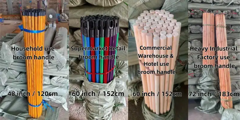 How Long Is Standard Broom Handle? Broom Stick Length Guide 1 4 categories broom stick display different standard broom handle length, household supermarket commercial industrial broom handle length comparison picture with 48/60/72 inch broom stick length for global cleaning goods wholesale buyers