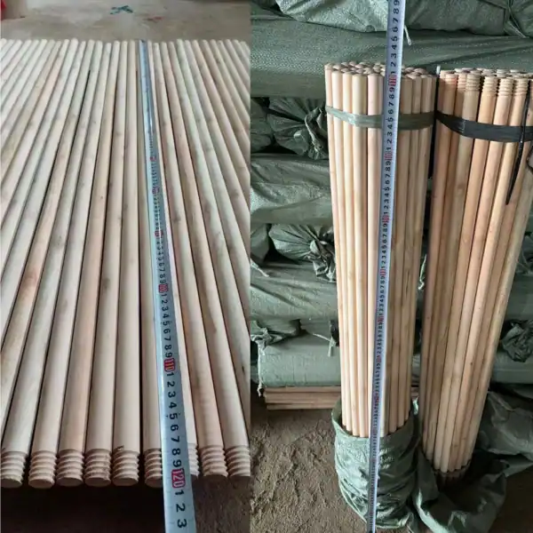 Italian threaded wooden broom sticks measured with tape to show how long is a broom stick, bulk bundled timber poles for cleaning tool suppliers