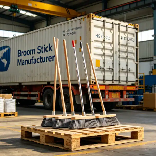 Broom stick manufacturer’s warehouse with wooden and metal brooms, showcasing bulk export-ready products and key stick broom hs code markings for customs clearance