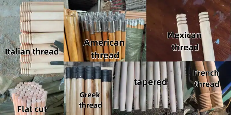 What type of thread is on the end of a broom handle? 2 Custom threaded broom handles with different thread types (Italian, American, Mexican, French, Greek) for mop and broom production