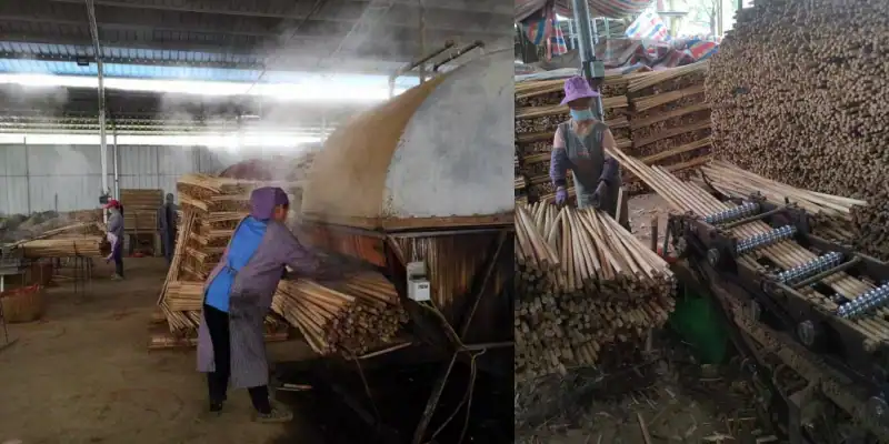 Factory workers processing wood used for tool handles, including steaming and machining for wood tool handle production