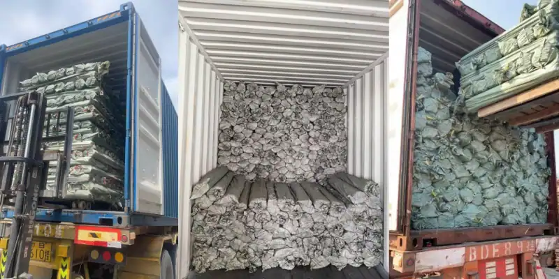 Filling shipping containers with wholesale wood handles for tools, ready for worldwide delivery