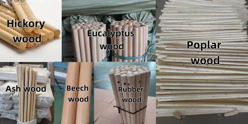 Different types of wood tool handles made from hickory, ash, beech, eucalyptus, rubberwood and poplar