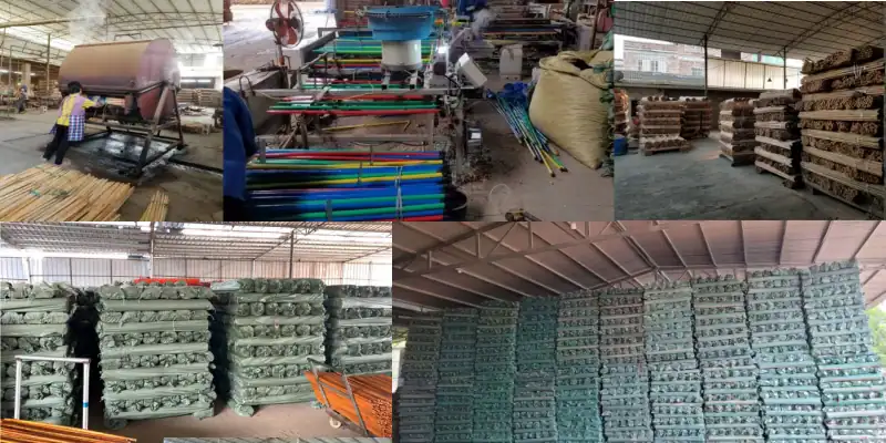 Factory production and bulk storage of different types of mop stick, including natural, PVC coated, varnished and eucalyptus wooden broom handles