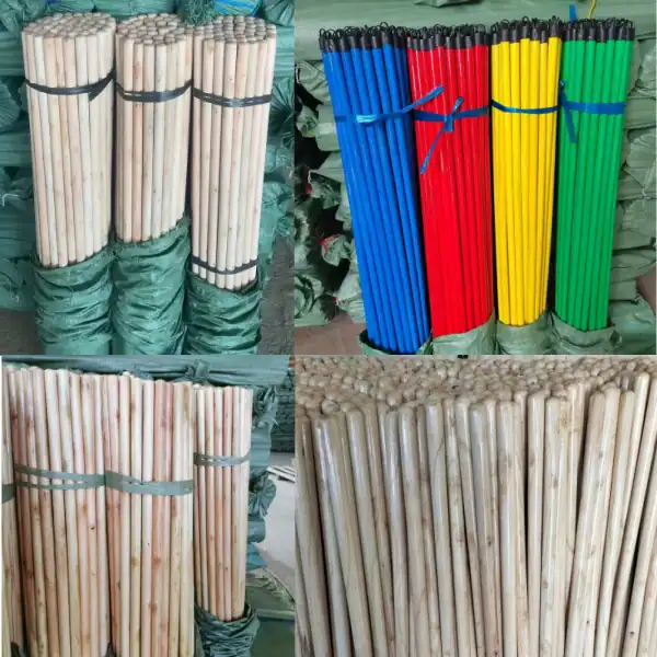 Bulk packaged different types of broom handles and mop sticks, including natural wooden broom stick, varnished wooden broom stick, PVC coated wooden broom stick and wooden tool handle varieties for wholesale export