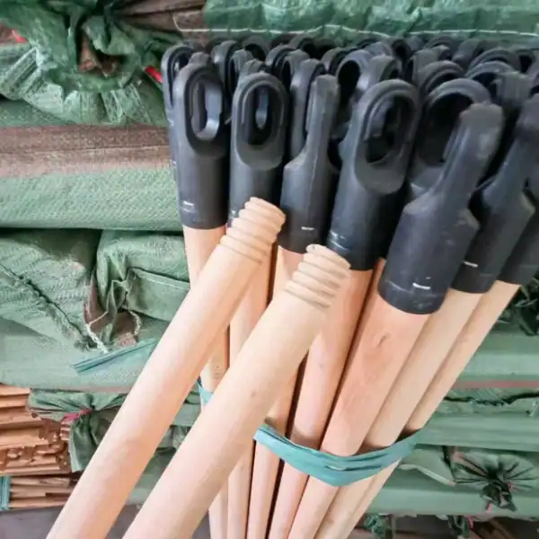 Natural wooden broom handle manufacturers factory direct natural wooden broom sticks with threaded design and 7 cm black plastic caps for wholesale