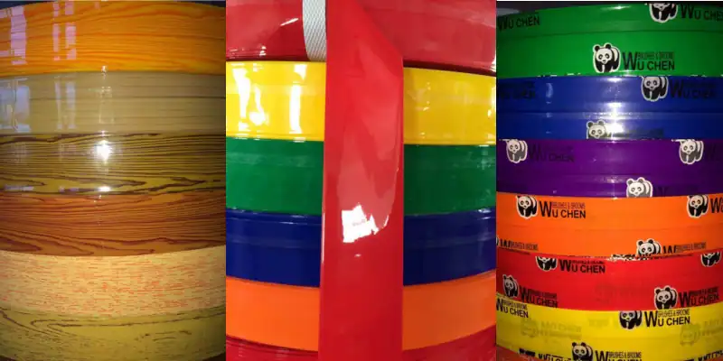 PVC Film Types for PVC Coated Wooden Broom Sticks | Guide 1 Factory stacked sample rolls of all pvc film types for pvc coated broom sticks, wood grain, glossy solid color customized PVC coating films for wooden broom handle wholesale OEM