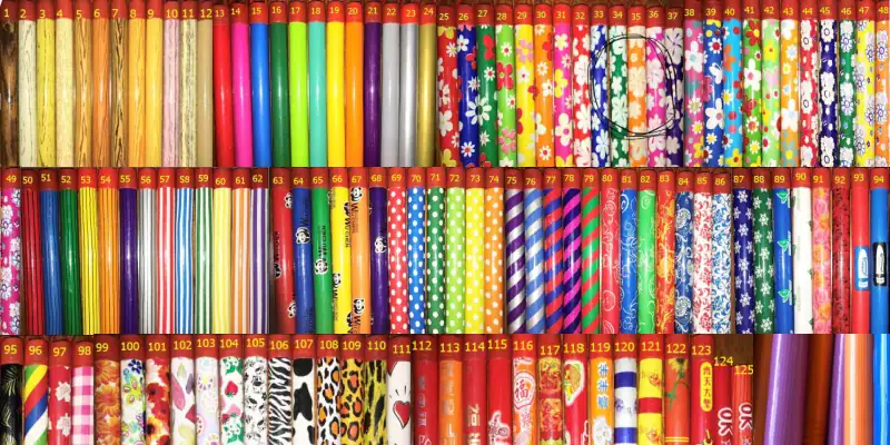 PVC Film Types for PVC Coated Wooden Broom Sticks | Guide 3 Full color pattern sample display of pvc shrink film for broom handles, wood grain, floral, polka dot, stripe custom printed PVC coating films for wholesale wooden broom stick OEM suppliers