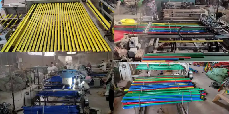 PVC Film Types for PVC Coated Wooden Broom Sticks | Guide 4 Factory workshop production line with automatic wrapping machine using pvc coating film for wooden broom sticks, mass producing colorful PVC coated wood broom handles for wholesale export OEM