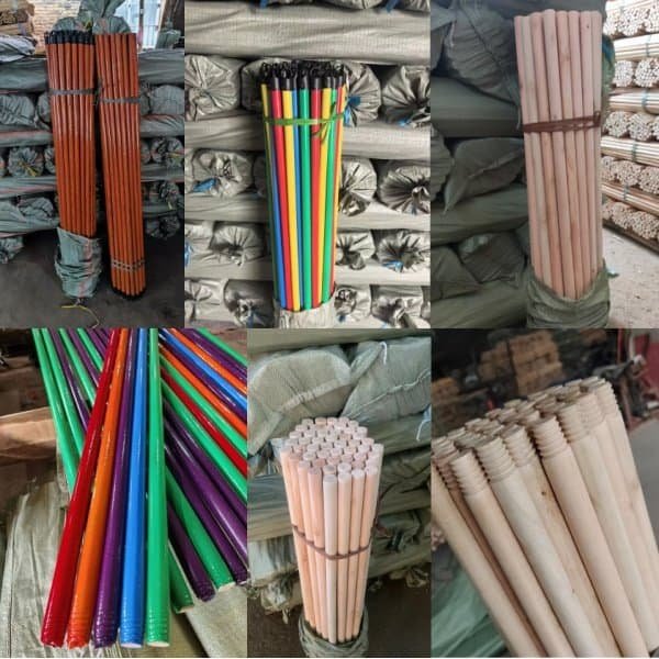 Factory warehouse collage of natural and PVC coated wooden broom sticks middle east wholesale, featuring eucalyptus handles in multiple colors with Italian thread and woven bag packaging.