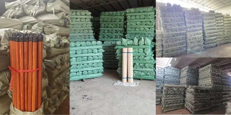 What Wooden Broom Sticks Sell Well in Middle East Market? 1 Wooden broom sticks middle east wholesale — large factory stock of natural and orange varnished eucalyptus handles in woven bags, ready to ship