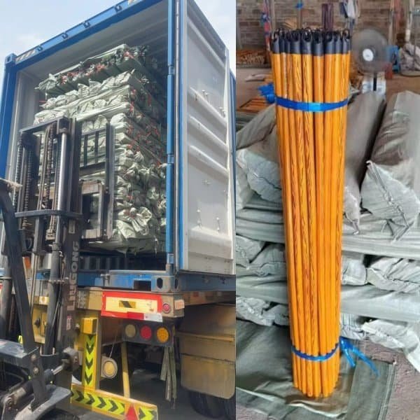 OEM wooden broom handle bulk export shipment, container loading scene with bundled pvc coated wooden broom sticks for wholesale by factory