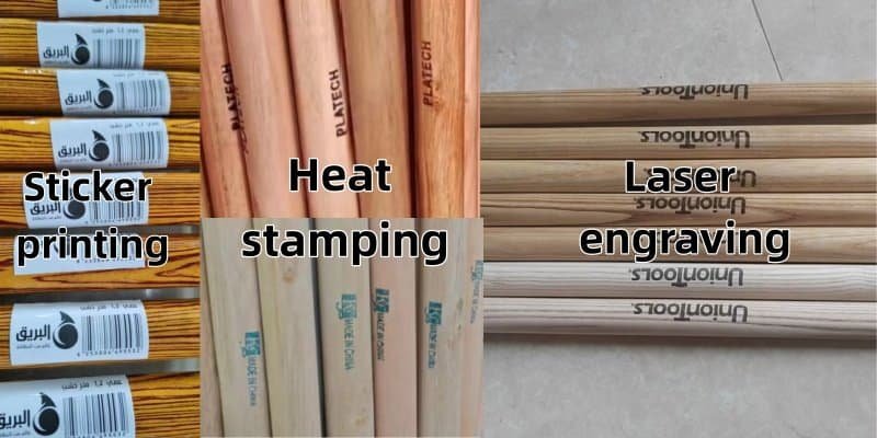 Key Points for Working With OEM Broom Handle Factories 1 3 types of logo custom samples from custom broom handle factory, sticker, heat stamp and laser engraving on wooden broom handles