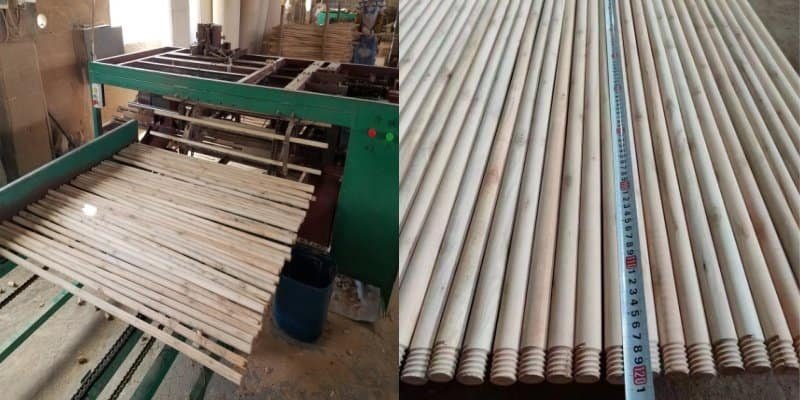 Key Points for Working With OEM Broom Handle Factories 2 OEM wooden broom handle production, workers measure custom broom handle dimension with caliper in factory