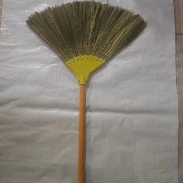 Finished bulk grass broom with yellow plastic connector, wholesale supply from china factory
