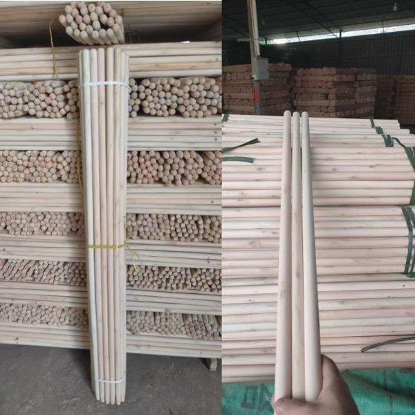 Factory‑finished eucalyptus wooden sticks with custom broom handle tapered tip, bulk finished goods stacked inside our wood products factory warehouse