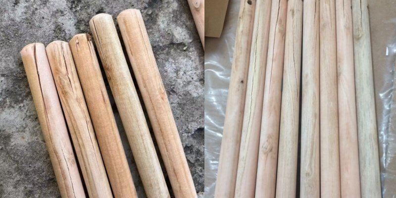 Wooden Broom Sticks: Quality Issues & Factory Solutions 2 Quality problems of wooden broom sticks, closeup photo of cracked wooden broom sticks showing wood cracking defects
