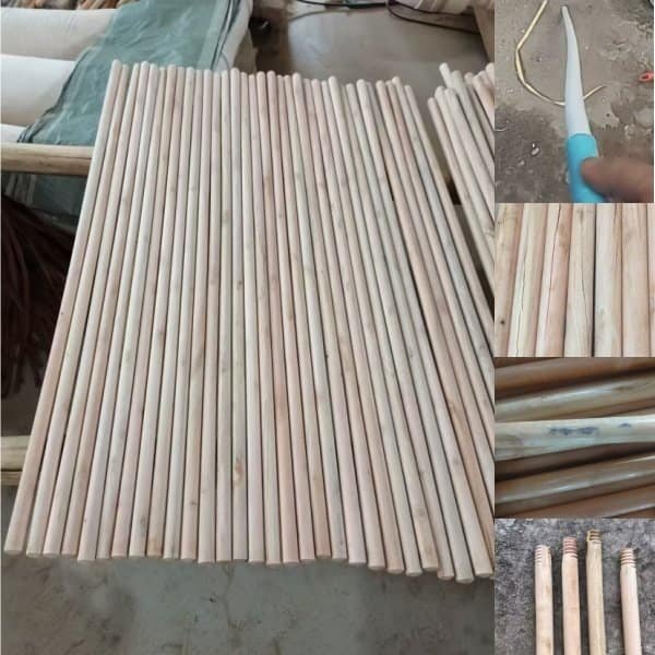 Wooden broom sticks quality issues, comparison of qualified straight wooden broom sticks vs defective ones with bending, cracking, mould and stripped threads