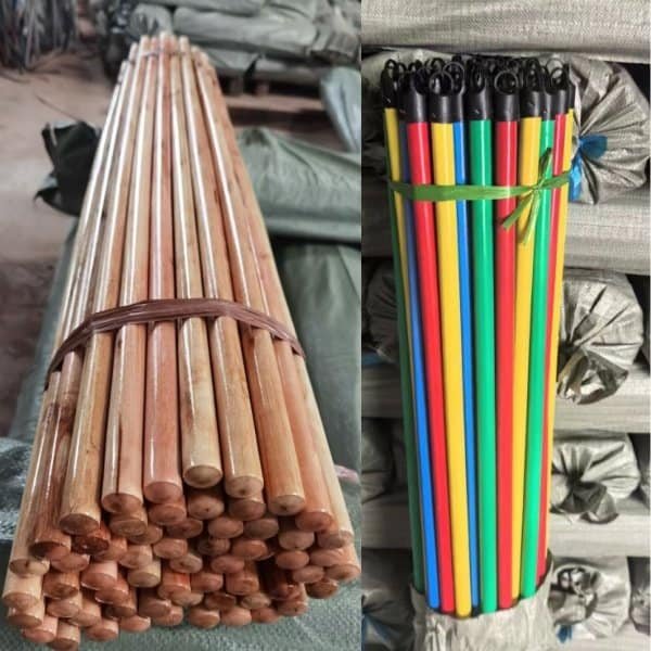 Varnished and colorful PVC coated wooden broom handles for wholesale buyers