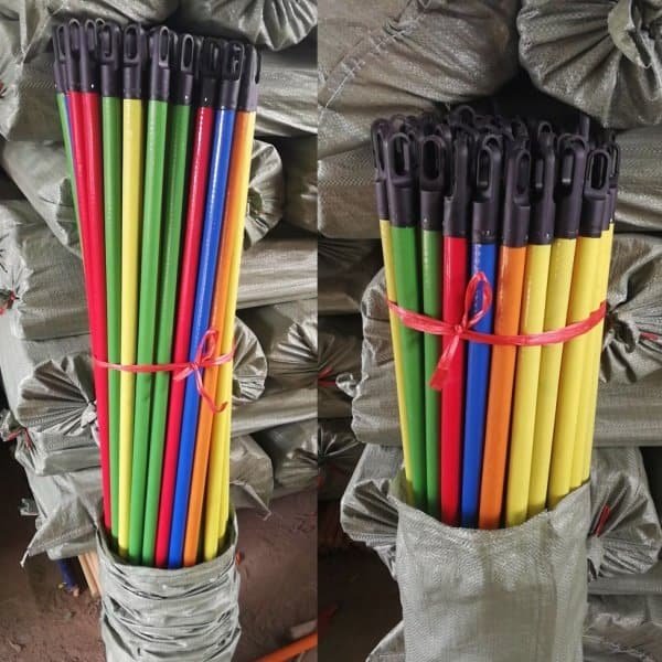 Ribbed PVC Coated Wooden Broom Handle Suppliers, colorful ribbed pvc wooden broom sticks with hanging cap for bulk export