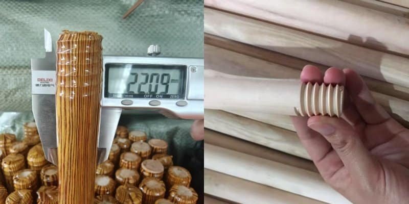 Wooden Broom Sticks Pre-Shipment Inspection 3 Wooden broom sticks pre-shipment inspection, measuring diameter and checking threaded end of wooden broom handles in factory